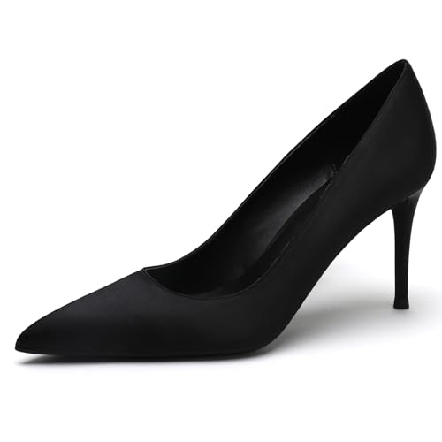 Qynthra Klassische Satin Pumps Damen mit Spitzer Zehn Stiletto Absatz Party Hochzeit Schlupf für Abendkleid Formelle Anlässe Büro und Besondere Ereignisse,Schwarz,39 EU von Qynthra