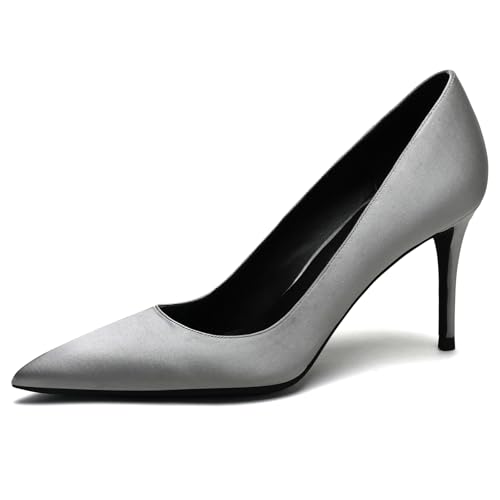 Qynthra Klassische Satin Pumps Damen mit Spitzer Zehn Stiletto Absatz Party Hochzeit Schlupf für Abendkleid Formelle Anlässe Büro und Besondere Ereignisse,Silber,37 EU von Qynthra