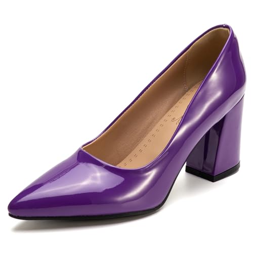 Qynthra Klassische Schlupf Pumps mit Blockabsatz Spitze Zehe Stabile High Heels Damen Casual Dress Court Schuhe für Büro und Alltagsweg,Lila,46 EU von Qynthra