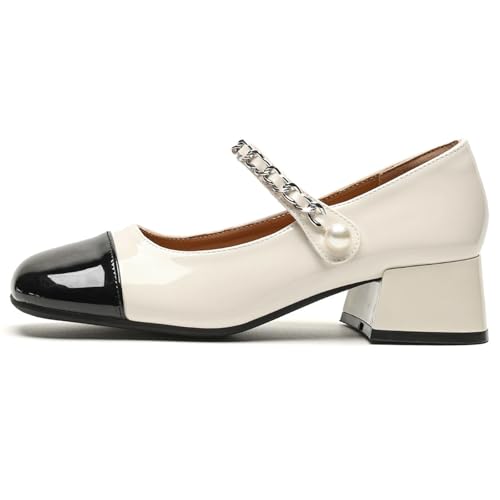Qynthra Mary Jane Damen Two-Tone Perlen Kette Riemen und Quadratspitze Mid Chunky Block Absätze Abendschuhe für Hochzeit Büro,Beige,39 EU von Qynthra