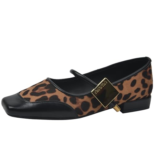 Qynthra Mary Jane Flats für Damen mit Gold Schnalle Detail Schwarzer Lack Zehen Weicher Wildleder Oberteil Klassisch Ballett Quadrat Zehen für Büro Alltag Gehen,Leopard Print,44 EU von Qynthra