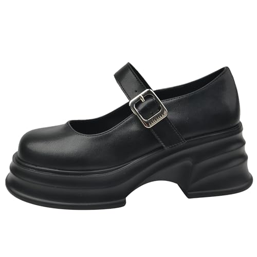 Qynthra Mary Jane Plateform Schuhe für Damen Weite Passform Retro Riemen mit Schnalle Runder Zehen Flache Schuhe für Tägliches Gehen Büro und Freizeit,Schwarz,42 EU von Qynthra
