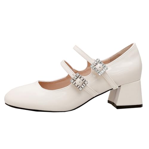 Qynthra Mary Jane Schuhe Damen mit Kristall Schnallen Blockabsatz Runder Zehe Casual Court für Büro und Täglichen, Almond,36 EU von Qynthra