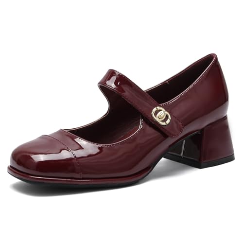 Qynthra Mary Jane Schuhe für Damen mit Niedrigem Mittleren Blockabsatz Lackleder Gold Schnallen Detail für Büro und Alltagsweg,Burgundy,38 EU von Qynthra