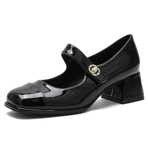 Qynthra Mary Jane Schuhe für Damen mit Niedrigem Mittleren Blockabsatz Lackleder Gold Schnallen Detail für Büro und Alltagsweg,Schwarz,41 EU von Qynthra