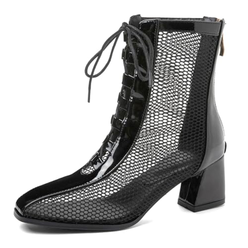 Qynthra Mesh Stiefeletten mit Schnürung für Damen Lackleder Besatz Blockabsatz für Freizeit und Alltag,Schwarz,43 EU von Qynthra