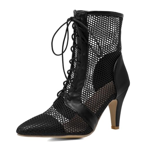 Qynthra Mesh Stiefeletten mit Schnürung für Damen Spitze Zehe High Heels rutschfeste Sohle Atmungsaktives Futter für Partyabende und Abendveranstaltungen,Schwarz,39 EU von Qynthra