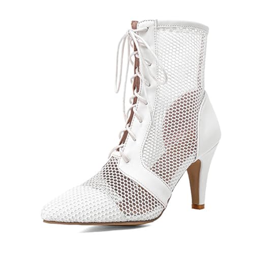 Qynthra Mesh Stiefeletten mit Schnürung für Damen Spitze Zehe High Heels rutschfeste Sohle Atmungsaktives Futter für Partyabende und Abendveranstaltungen,Weiß,36 EU von Qynthra