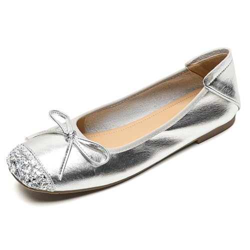 Qynthra Metallic Ballerinas mit Schleife und Quadratischer Zehe für Damen Erhältlich in Silber Gold Salbeigrün für Partys und Besondere Anlässe,Silber,43 EU von Qynthra