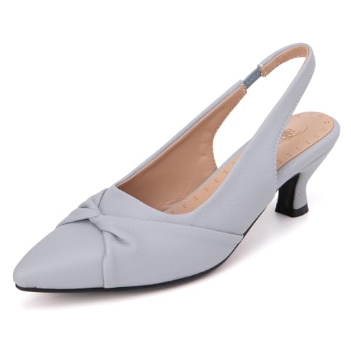 Qynthra Peeptoe Slingback Damen mit Schleifendetail Kitten Absatz Genarbtes Leder Weite Passform Sandalen für Hochzeit Party und Formelle Anlässe,Grau,34 EU von Qynthra
