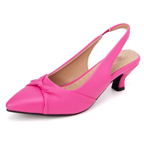 Qynthra Peeptoe Slingback Damen mit Schleifendetail Kitten Absatz Genarbtes Leder Weite Passform Sandalen für Hochzeit Party und Formelle Anlässe,Hot pink,48 EU von Qynthra