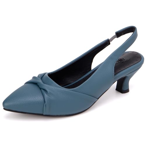 Qynthra Peeptoe Slingback Damen mit Schleifendetail Kitten Absatz Genarbtes Leder Weite Passform Sandalen für Hochzeit Party und Formelle Anlässe,Jade Blue,47 EU von Qynthra