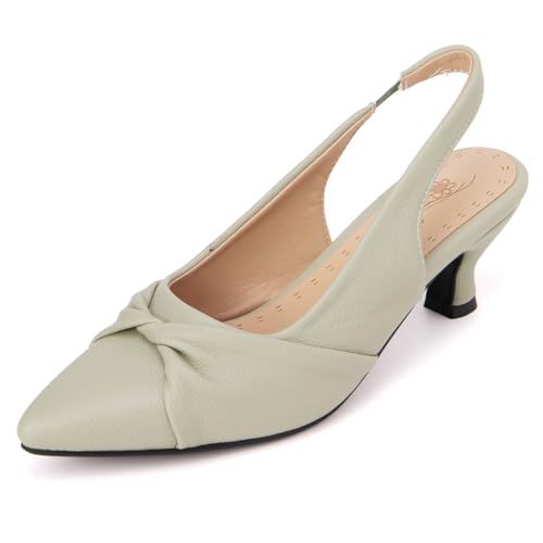 Qynthra Peeptoe Slingback Damen mit Schleifendetail Kitten Absatz Genarbtes Leder Weite Passform Sandalen für Hochzeit Party und Formelle Anlässe,Sage Green,44 EU von Qynthra