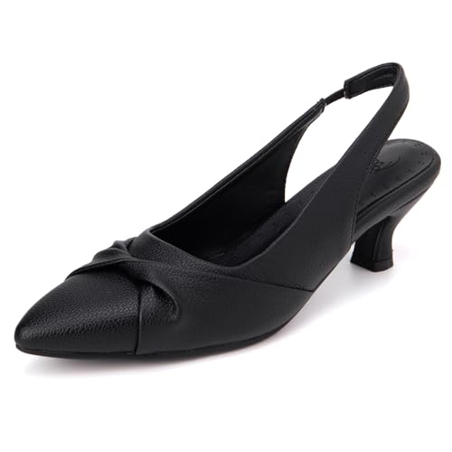 Qynthra Peeptoe Slingback Damen mit Schleifendetail Kitten Absatz Genarbtes Leder Weite Passform Sandalen für Hochzeit Party und Formelle Anlässe,Schwarz,43 EU von Qynthra