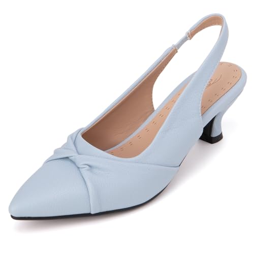 Qynthra Peeptoe Slingback Damen mit Schleifendetail Kitten Absatz Genarbtes Leder Weite Passform Sandalen für Hochzeit Party und Formelle Anlässe,Sky Blue,43 EU von Qynthra