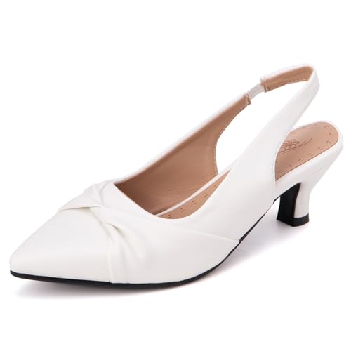 Qynthra Peeptoe Slingback Damen mit Schleifendetail Kitten Absatz Genarbtes Leder Weite Passform Sandalen für Hochzeit Party und Formelle Anlässe,Weiß,46 EU von Qynthra