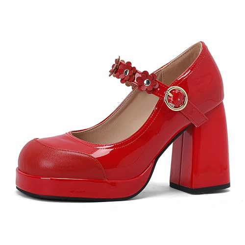 Qynthra Plateau Mary Jane Schuhe aus Lackleder für Damen mit Blumen Riemchen Blockabsatz für Hochzeit Party und Formelle Anlässe,Rot,38 EU von Qynthra