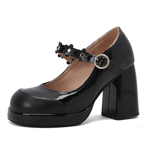 Qynthra Plateau Mary Jane Schuhe aus Lackleder für Damen mit Blumen Riemchen Blockabsatz für Hochzeit Party und Formelle Anlässe,Schwarz,42 EU von Qynthra