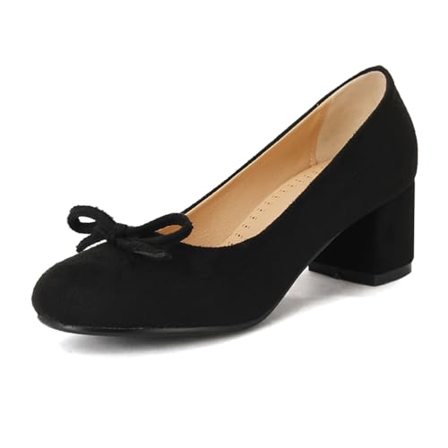 Qynthra Pumps Damen Klassisch Runde Spitze Blockabsatz Schleifen Detail Für Hochzeit Büro Party Formelle Anlässe,Frosted Black,41 EU von Qynthra