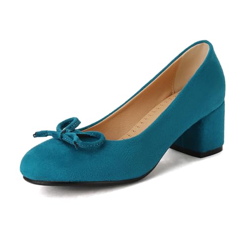 Qynthra Pumps Damen Klassisch Runde Spitze Blockabsatz Schleifen Detail Für Hochzeit Büro Party Formelle Anlässe,Frosted Blue,37 EU von Qynthra