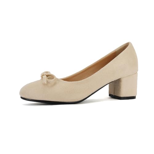 Qynthra Pumps Damen Klassisch Runde Spitze Blockabsatz Schleifen Detail Für Hochzeit Büro Party Formelle Anlässe,Frosted beige,42 EU von Qynthra