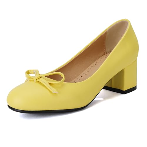 Qynthra Pumps Damen Klassisch Runde Spitze Blockabsatz Schleifen Detail Für Hochzeit Büro Party Formelle Anlässe,Gelb,39 EU von Qynthra