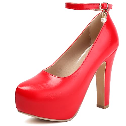 Qynthra Pumps Mit Blockabsatz Für Damen Offener Schnitt Einfacher Riemen Plateau Schuhe Für Beruf Alltag Und Club Komfortable Elegante Schlupfschuhe,Rot,41 EU von Qynthra