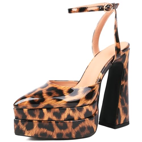 Qynthra Pumps Mit Plateauabsatz Für Damen Leopardenmuster Spitze Zehen Wasserdicht Dicker Absatz Lackleder-Obermaterial Gummisohle Frühling Sommer Freizeit,Gelb,38 EU von Qynthra