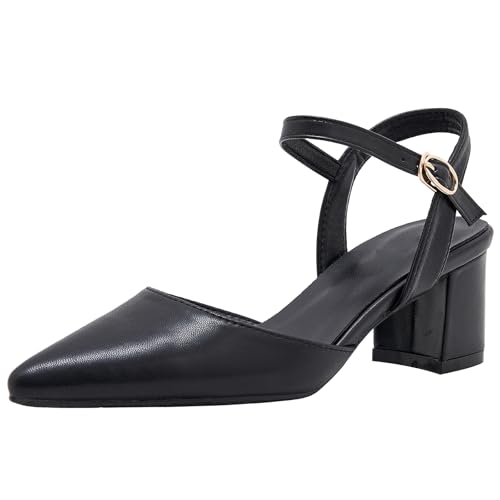 Qynthra Pumps Mit Spitzer Zehe Blockabsatz Slingback Und Knöchelriemen Für Damen In Schwarz Und Beige Ideal Für Büro Cocktailpartys Und Romantische Abende,Black(Heel:5cm),35 EU von Qynthra