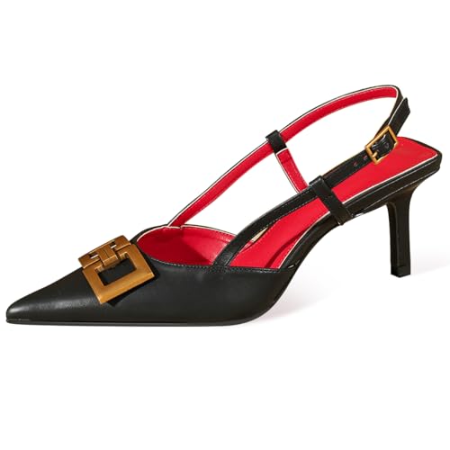 Qynthra Pumps Mit Spitzer Zehe Und Kitten Absatz Aus Leder Mit Goldener Quadratischer Schnalle Für Arbeit Hochzeit Freizeitkleidung,Schwarz,41 EU von Qynthra
