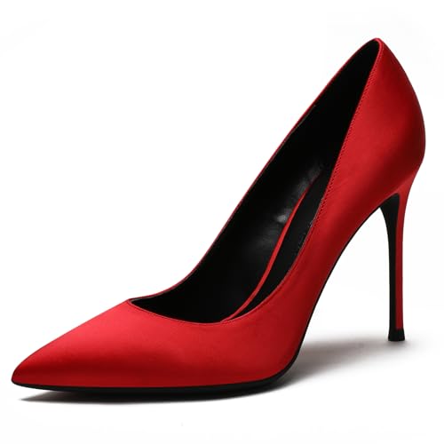 Qynthra Pumps mit Hohen Absätzen Damen Schlupf Klassische Satin Spitze Zehn für Hochzeit Party Abendkleid Formelle Anlässe und Büro,Big red,42 EU von Qynthra