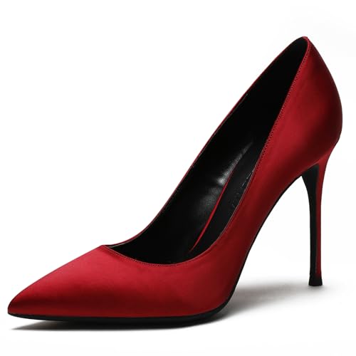 Qynthra Pumps mit Hohen Absätzen Damen Schlupf Klassische Satin Spitze Zehn für Hochzeit Party Abendkleid Formelle Anlässe und Büro,Burgundy,34 EU von Qynthra