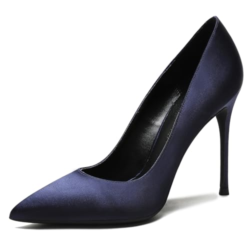 Qynthra Pumps mit Hohen Absätzen Damen Schlupf Klassische Satin Spitze Zehn für Hochzeit Party Abendkleid Formelle Anlässe und Büro,Dark Blue,40 EU von Qynthra