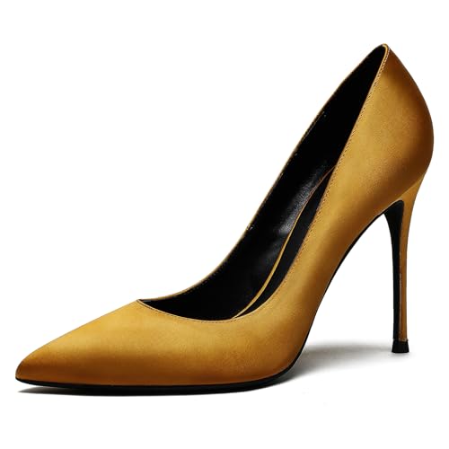 Qynthra Pumps mit Hohen Absätzen Damen Schlupf Klassische Satin Spitze Zehn für Hochzeit Party Abendkleid Formelle Anlässe und Büro,Gelb,36 EU von Qynthra