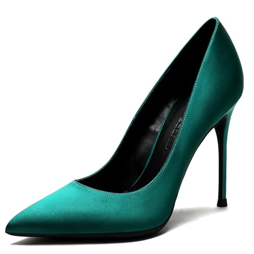 Qynthra Pumps mit Hohen Absätzen Damen Schlupf Klassische Satin Spitze Zehn für Hochzeit Party Abendkleid Formelle Anlässe und Büro,Grün,40 EU von Qynthra