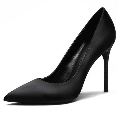 Qynthra Pumps mit Hohen Absätzen Damen Schlupf Klassische Satin Spitze Zehn für Hochzeit Party Abendkleid Formelle Anlässe und Büro,Schwarz,42 EU von Qynthra