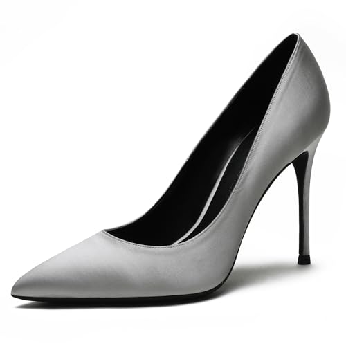 Qynthra Pumps mit Hohen Absätzen Damen Schlupf Klassische Satin Spitze Zehn für Hochzeit Party Abendkleid Formelle Anlässe und Büro,Silber,34 EU von Qynthra