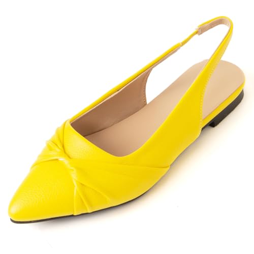 Qynthra Slingback Ballerinas mit Spitzer Zehe für Damen Raffdetail vorne PU Kunstleder für Büro Arbeit und Tägliches Pendeln,Gelb,39 EU von Qynthra