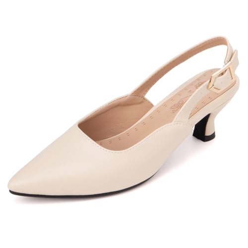 Qynthra Slingback Sandalen mit Spitzer Zehe für Damen Gold Schnallen Detail Abend Schuhe Kitten Absatz Hochzeitschuhe für Formelle Anlässe und Besondere Ereignisse,Beige,35 EU von Qynthra