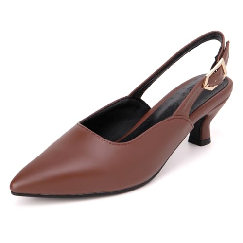 Qynthra Slingback Sandalen mit Spitzer Zehe für Damen Gold Schnallen Detail Abend Schuhe Kitten Absatz Hochzeitschuhe für Formelle Anlässe und Besondere Ereignisse,Chocolate Brown,39 EU von Qynthra