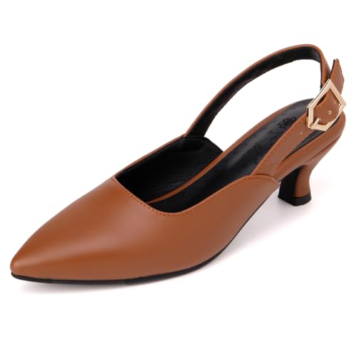 Qynthra Slingback Sandalen mit Spitzer Zehe für Damen Gold Schnallen Detail Abend Schuhe Kitten Absatz Hochzeitschuhe für Formelle Anlässe und Besondere Ereignisse,Light Brown,37 EU von Qynthra