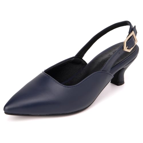 Qynthra Slingback Sandalen mit Spitzer Zehe für Damen Gold Schnallen Detail Abend Schuhe Kitten Absatz Hochzeitschuhe für Formelle Anlässe und Besondere Ereignisse,Navy Blue,40 EU von Qynthra