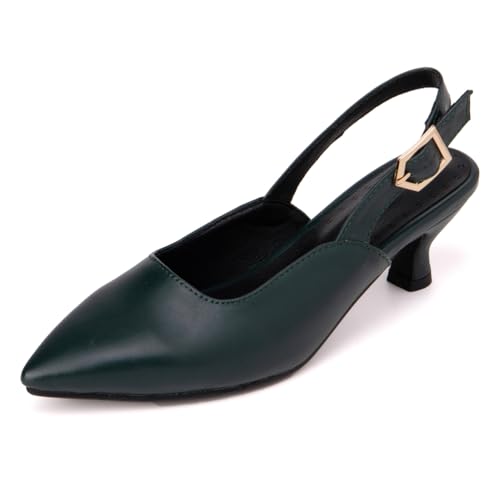 Qynthra Slingback Sandalen mit Spitzer Zehe für Damen Gold Schnallen Detail Abend Schuhe Kitten Absatz Hochzeitschuhe für Formelle Anlässe und Besondere Ereignisse,Pine Green,48 EU von Qynthra