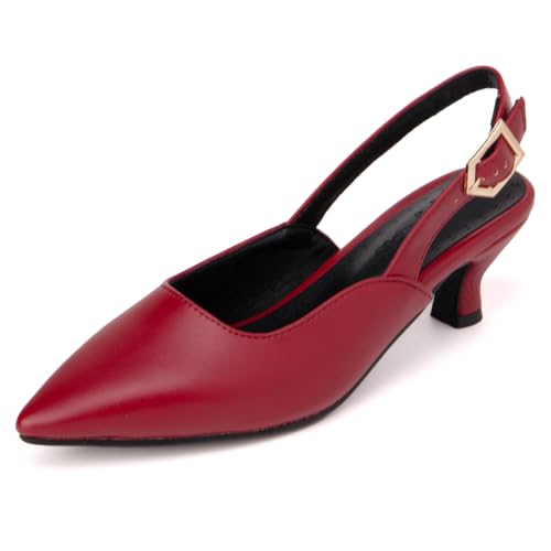 Qynthra Slingback Sandalen mit Spitzer Zehe für Damen Gold Schnallen Detail Abend Schuhe Kitten Absatz Hochzeitschuhe für Formelle Anlässe und Besondere Ereignisse,Ruby red,34 EU von Qynthra