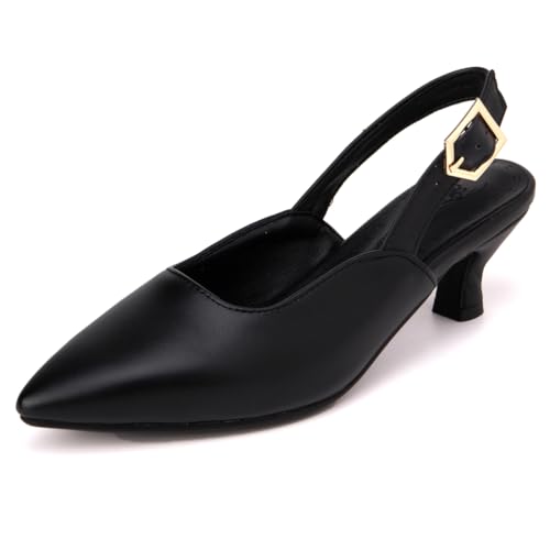 Qynthra Slingback Sandalen mit Spitzer Zehe für Damen Gold Schnallen Detail Abend Schuhe Kitten Absatz Hochzeitschuhe für Formelle Anlässe und Besondere Ereignisse,Schwarz,37 EU von Qynthra