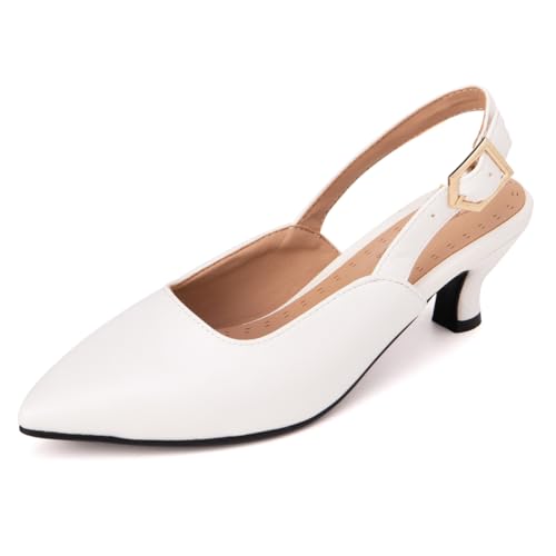 Qynthra Slingback Sandalen mit Spitzer Zehe für Damen Gold Schnallen Detail Abend Schuhe Kitten Absatz Hochzeitschuhe für Formelle Anlässe und Besondere Ereignisse,Weiß,47 EU von Qynthra