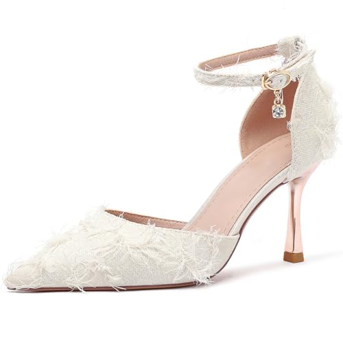 Qynthra Spitz Absatz Stiletto Pumps Mit Federn Schmuck Kristall Knöchelband Schwarz Beige Aprikose Für Hochzeiten Partys Dates Nächte,Beige(Heel:5cm),40 EU von Qynthra