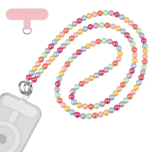 Qyoocom Handykette Perlen Bunt Lang,Handy Universal Perlen Schlüsselband Abnehmbares Geeignet für alle Smartphones mit 2 Patch 125 cm von Qyoocom