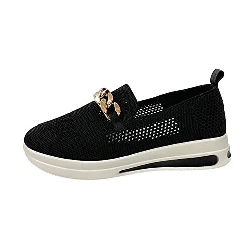 Wanderschuhe für Damen, Schlupfschuhe für Damen, Netzstoff, atmungsaktiv, leicht, lässig, Sneaker mit Kette, bequem, klobig, Plateau, Keilabsatz, weiche Damen-Tennis-Turnschuhe, Schwarz , 39.5 EU von QzSSbii