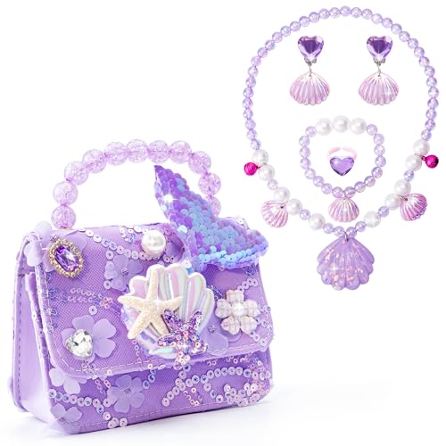 Qzakce Handtasche Schmuckset für Mädchen Meerjungfrau Thema CrossBody Bag Halskette Armband Ring Ohrring Kinderschmuck Set Prinzessin Ankleiden Geburtstag Geschenk für kleine Mädchen, 3-7 Jahre alt von Qzakce